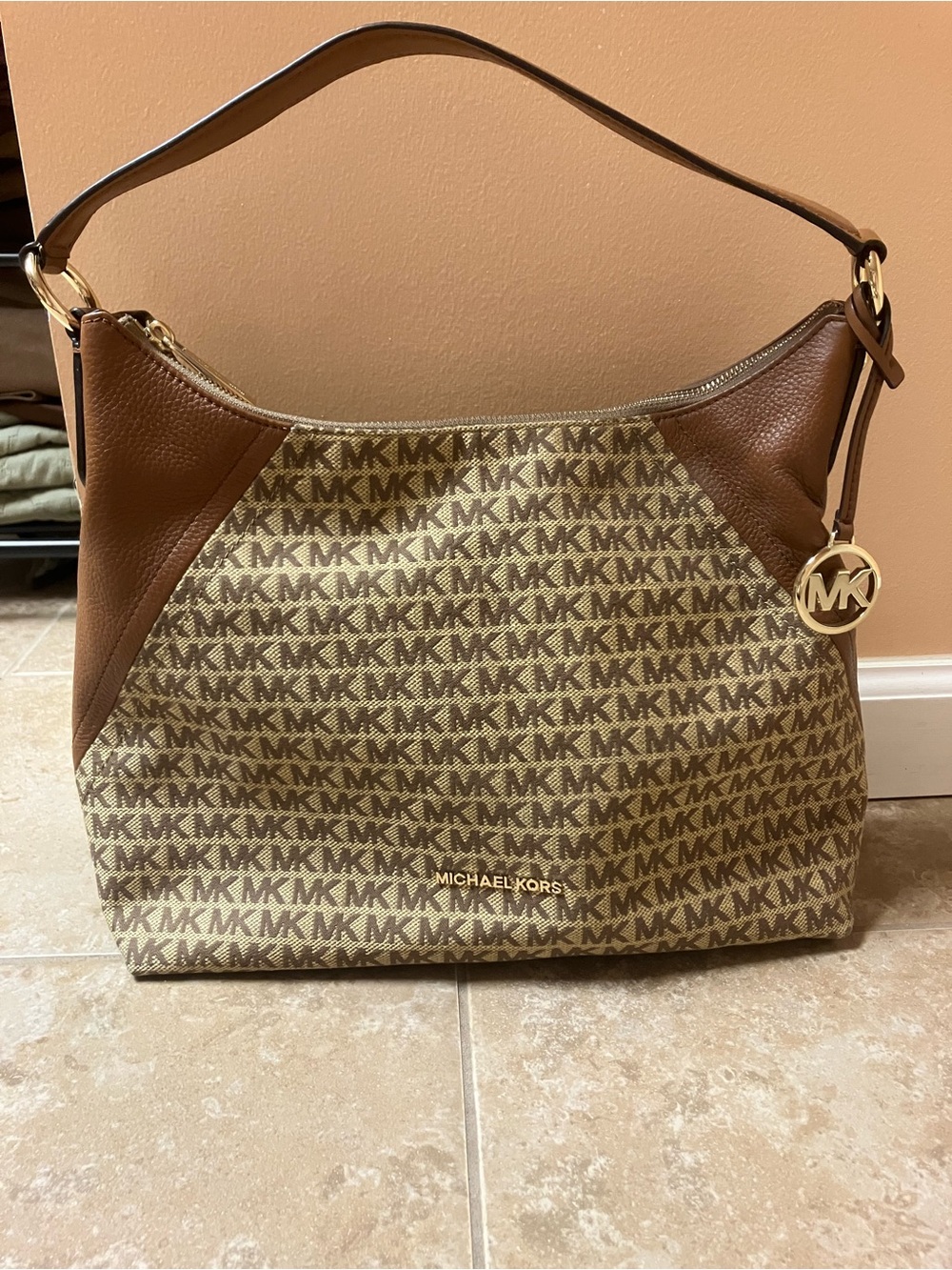 Michael Kors Tan and Brown Logo Shoulder Bag with Gold MK Charm